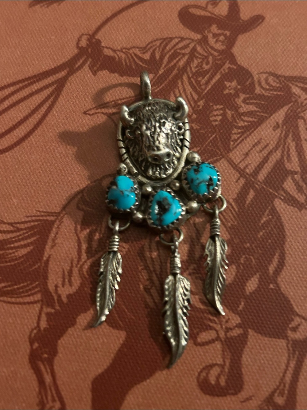 Turquoise Stone Buffalo Pendant Necklace - Sterling Silver